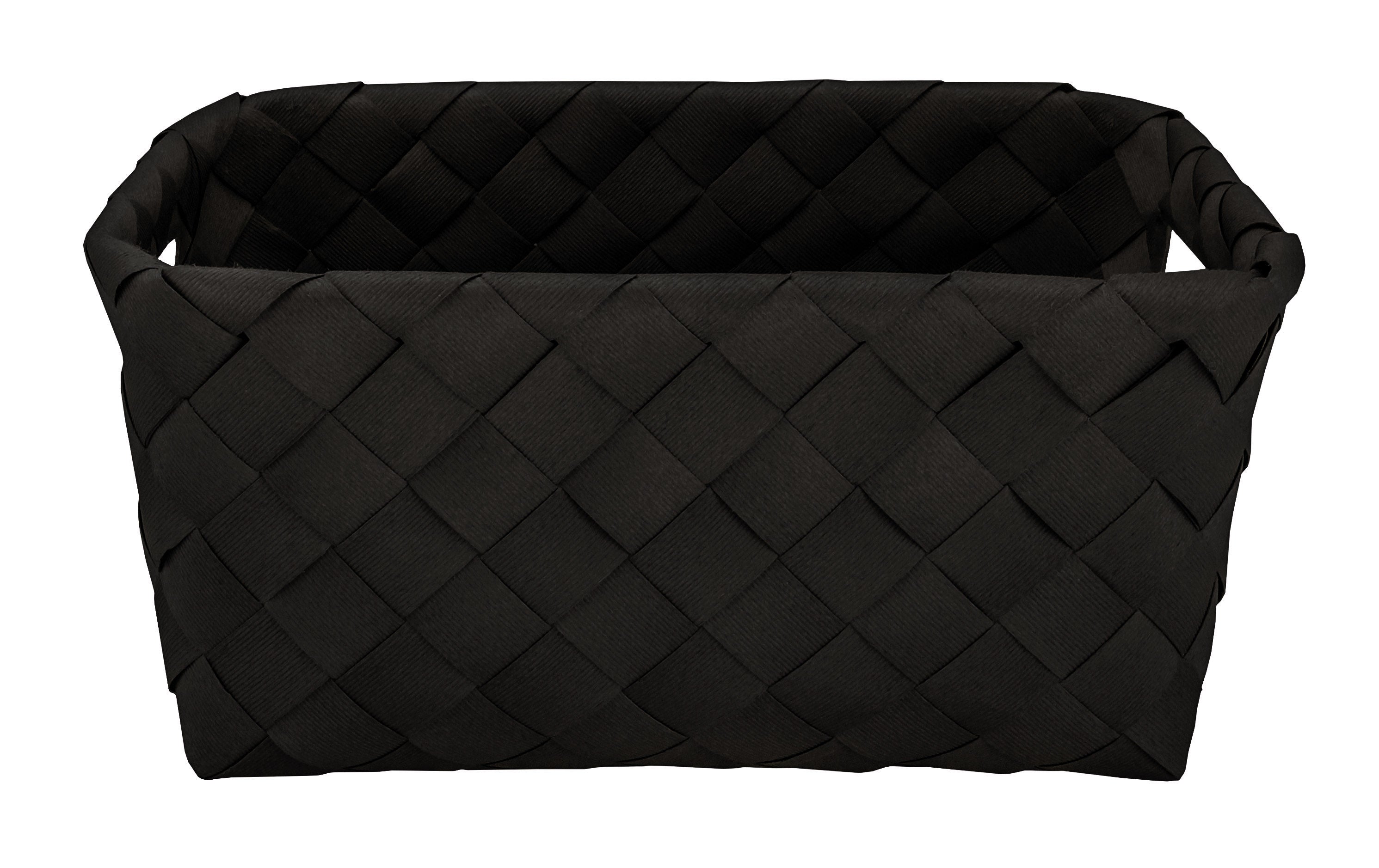 Schwarzer Aufbewahrungskorb ASPERA M aus Flechtmaterial steht leer vor weißem Hintergrund.