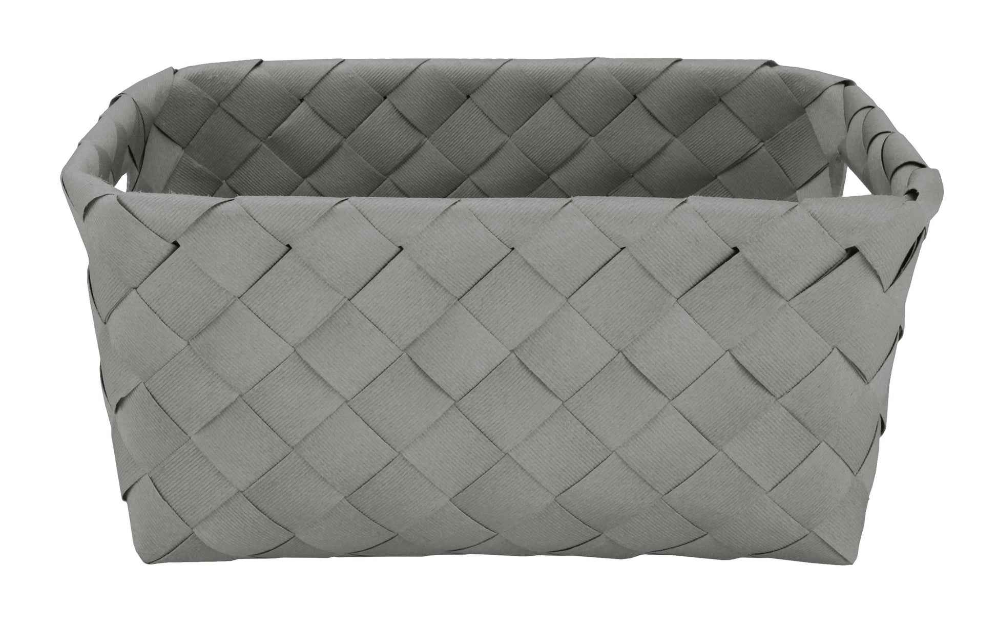 Platinfarbener Aufbewahrungskorb ASPERA in Größe M steht leer vor weißem Hintergrund.