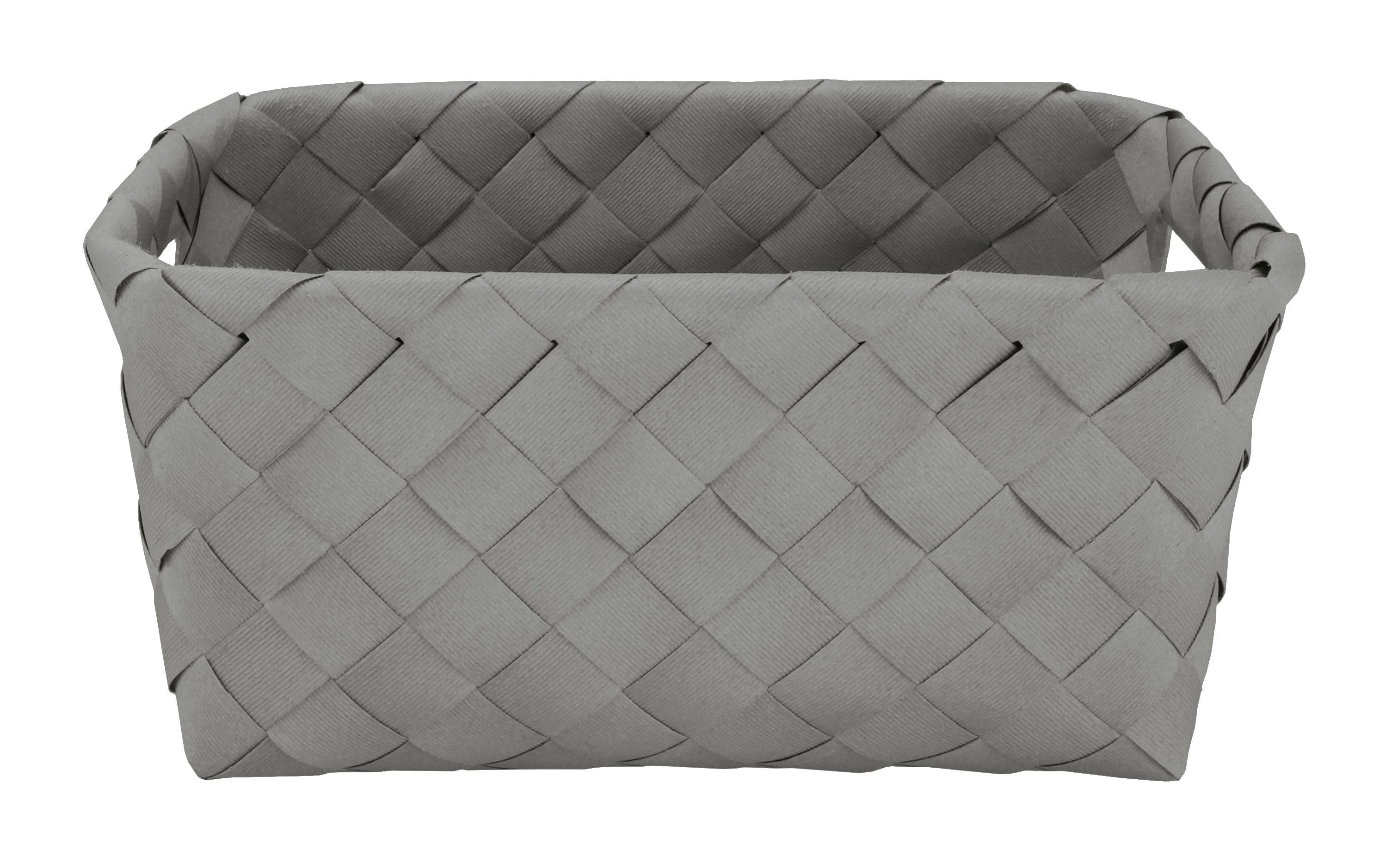 Platinfarbener Aufbewahrungskorb ASPERA in Größe M steht leer vor weißem Hintergrund.