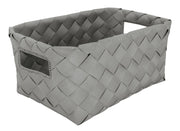 Aufbewahrungskorb ASPERA Platinfarben M steht rechteckig geflochten mit Grifföffnungen im Bild.