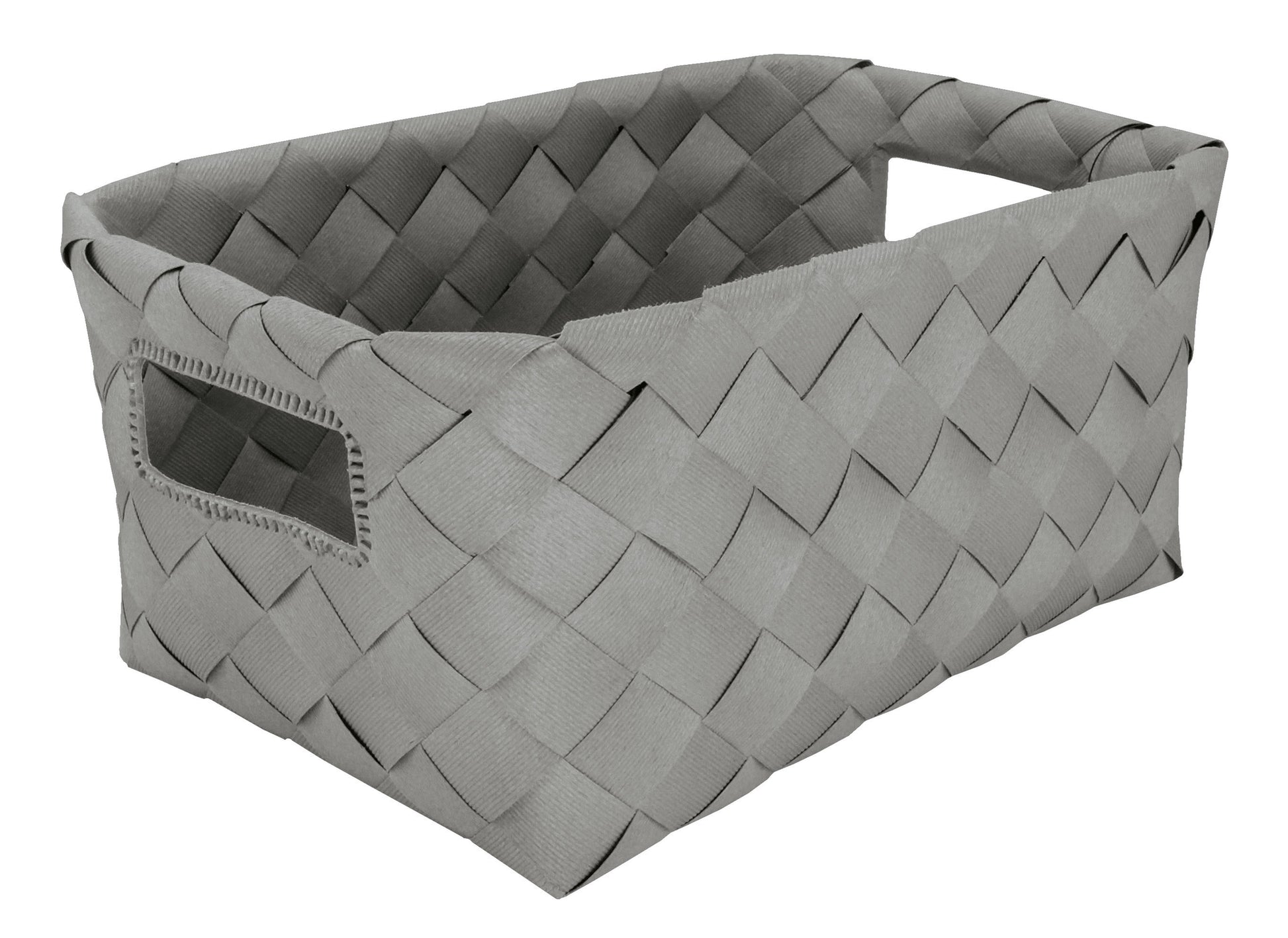 Aufbewahrungskorb ASPERA Platinfarben M steht rechteckig geflochten mit Grifföffnungen im Bild.