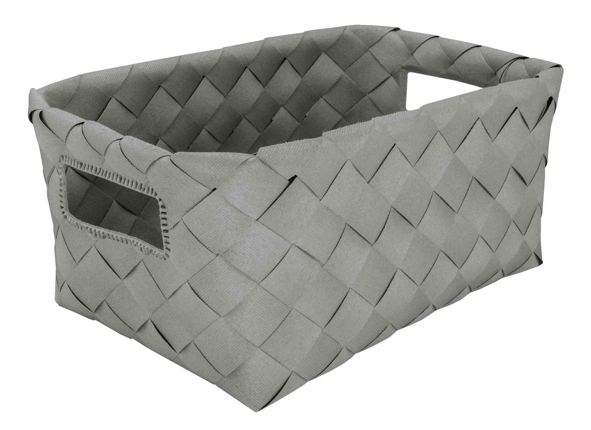 Aufbewahrungskorb ASPERA Platinfarben M steht rechteckig geflochten mit Grifföffnungen im Bild.