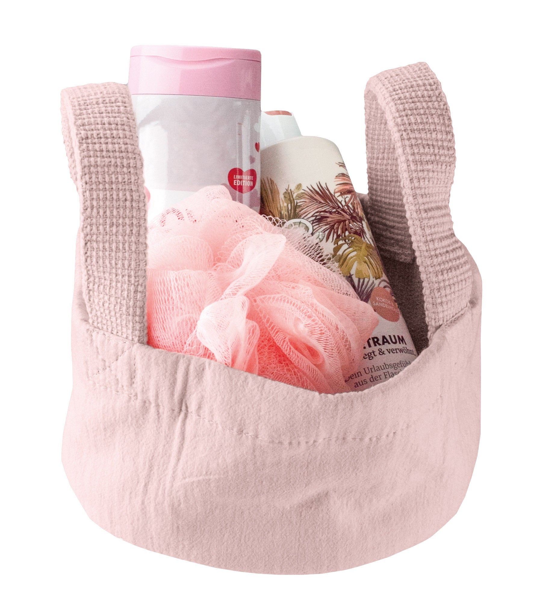 Rosa Stoffkorb mit Duschgel, Lotion und rosa Duschschwamm gefüllt