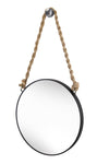 Runder Spiegel mit schwarzem Metallrahmen an dickem Seilaufhänger