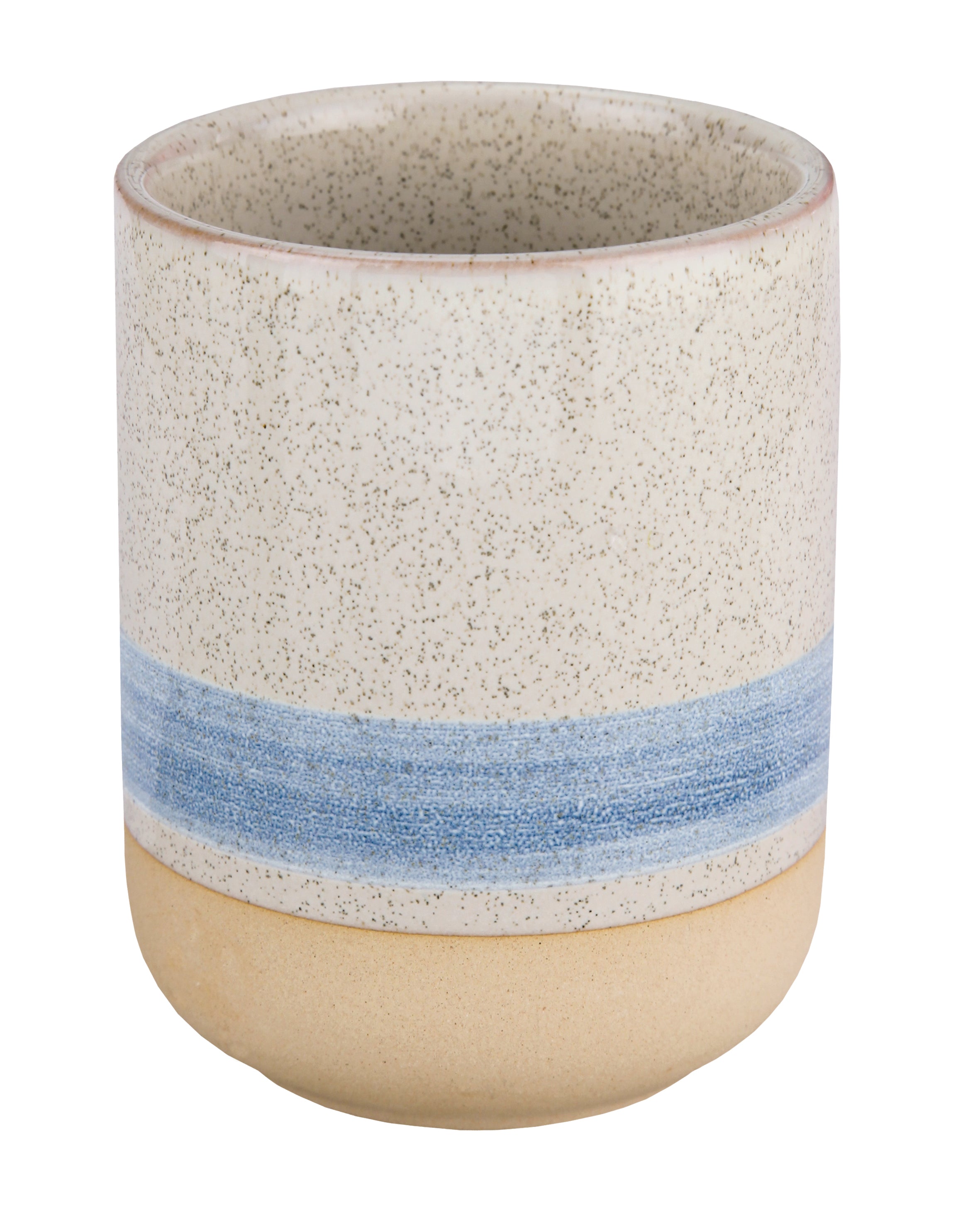 Beiger Keramikbecher mit blauem Streifen und gesprenkelter Oberfläche