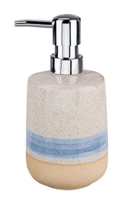 Keramik-Seifenspender beige mit blauer Bordüre und Chrompumpe oben