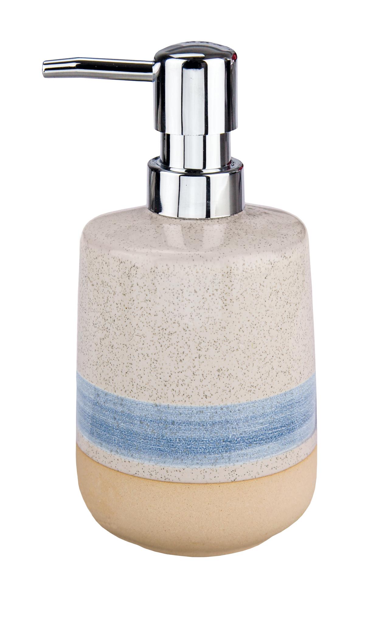 Keramik-Seifenspender beige mit blauer Bordüre und Chrompumpe oben