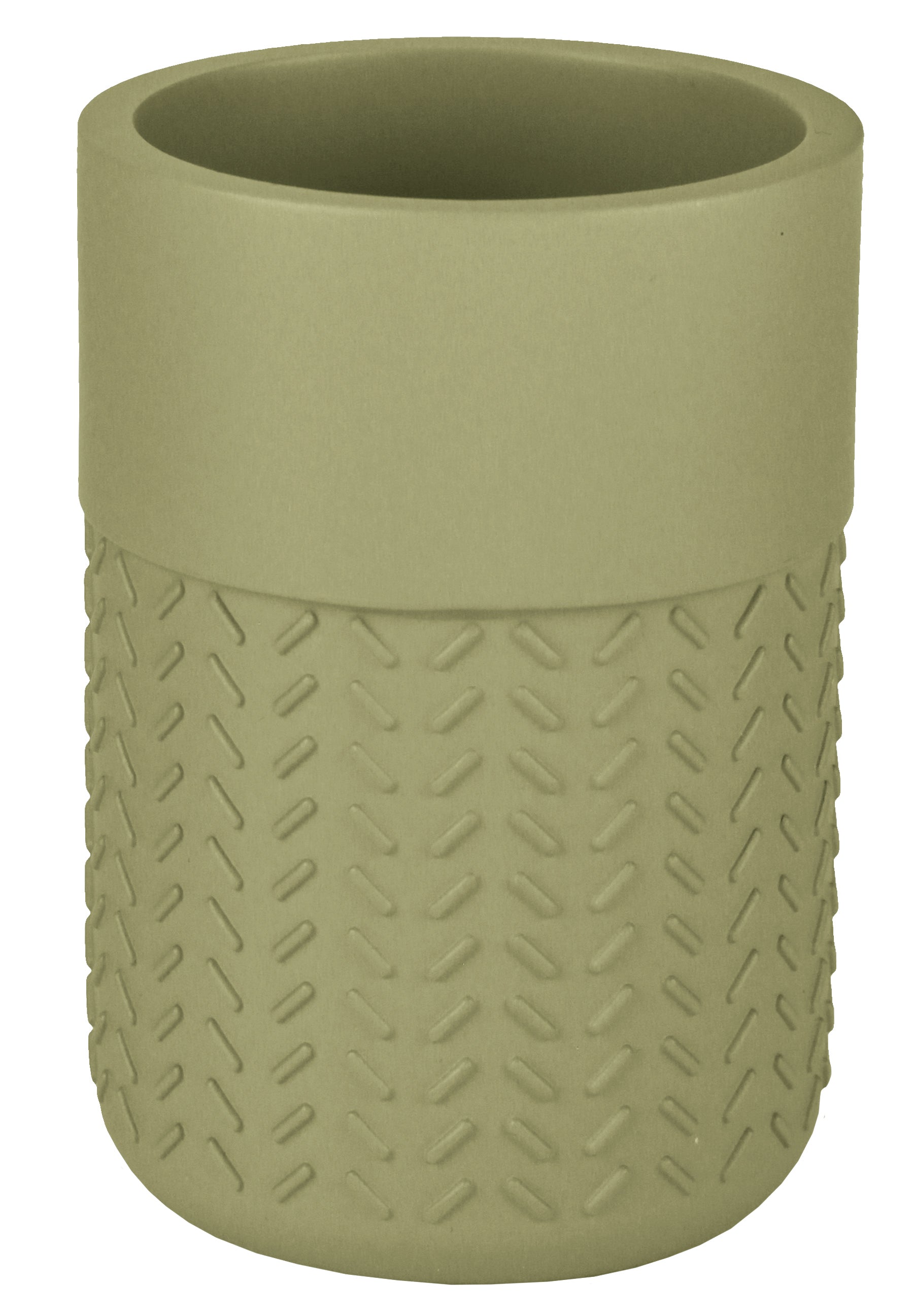 Zahnputzbecher DASH Dill steht als grüner Becher mit Strukturmuster vor weißem Hintergrund.