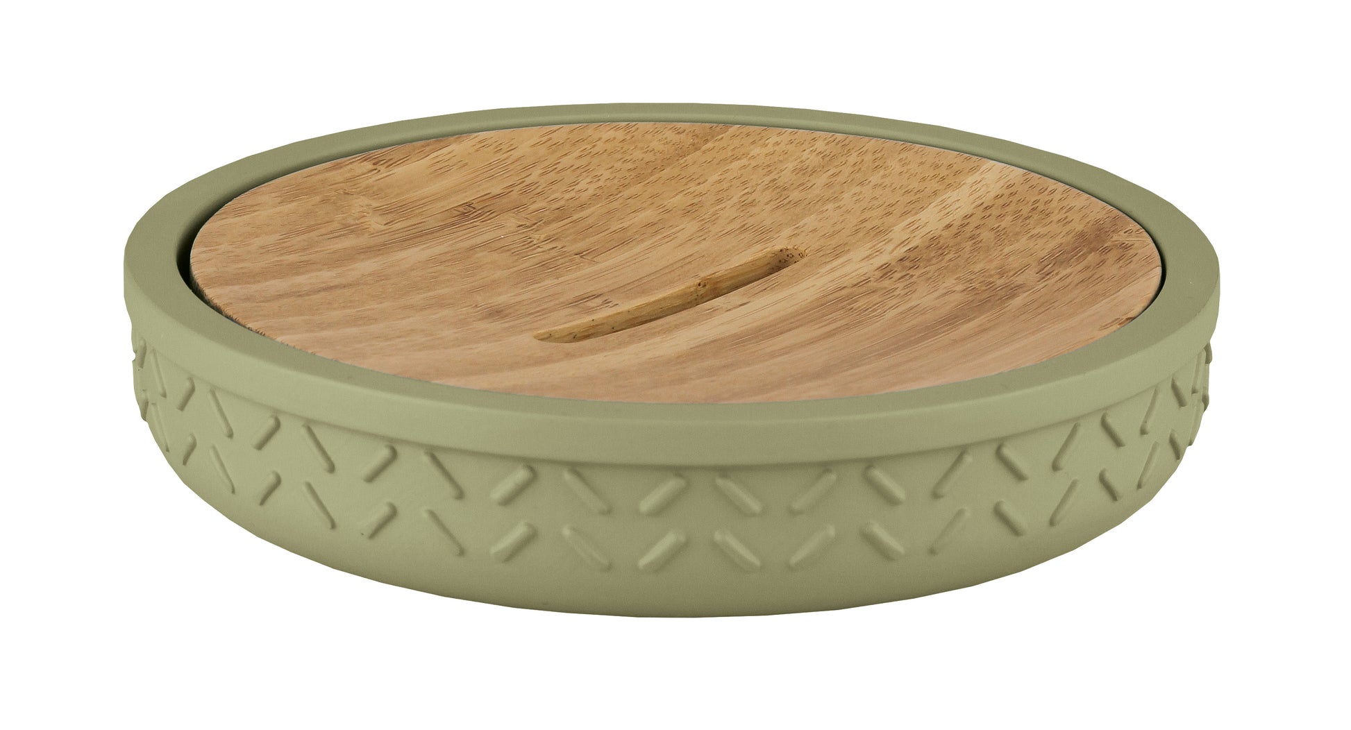 Die Seifenschale DASH Dill aus grünem Kunststoff mit Einsatz aus Bambus ist zu sehen.