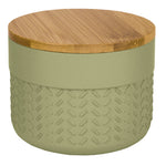 Runde olivgrüne Bad-Aufbewahrungsdose mit Bambusdeckel strukturiert