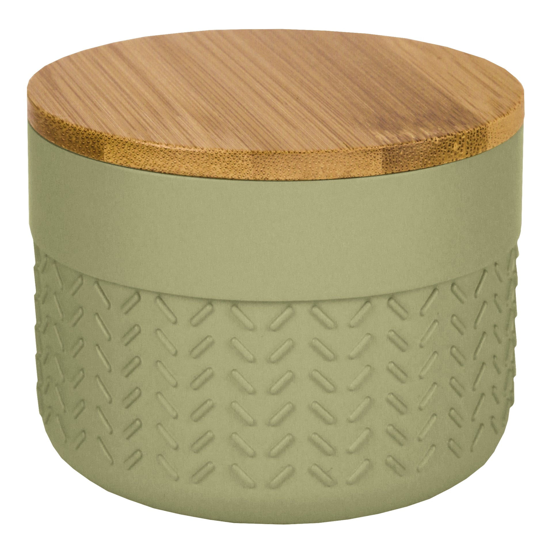 Die Wattedose DASH Dill mit Bambusdeckel steht als runde, grün strukturierte Dose im Fokus.