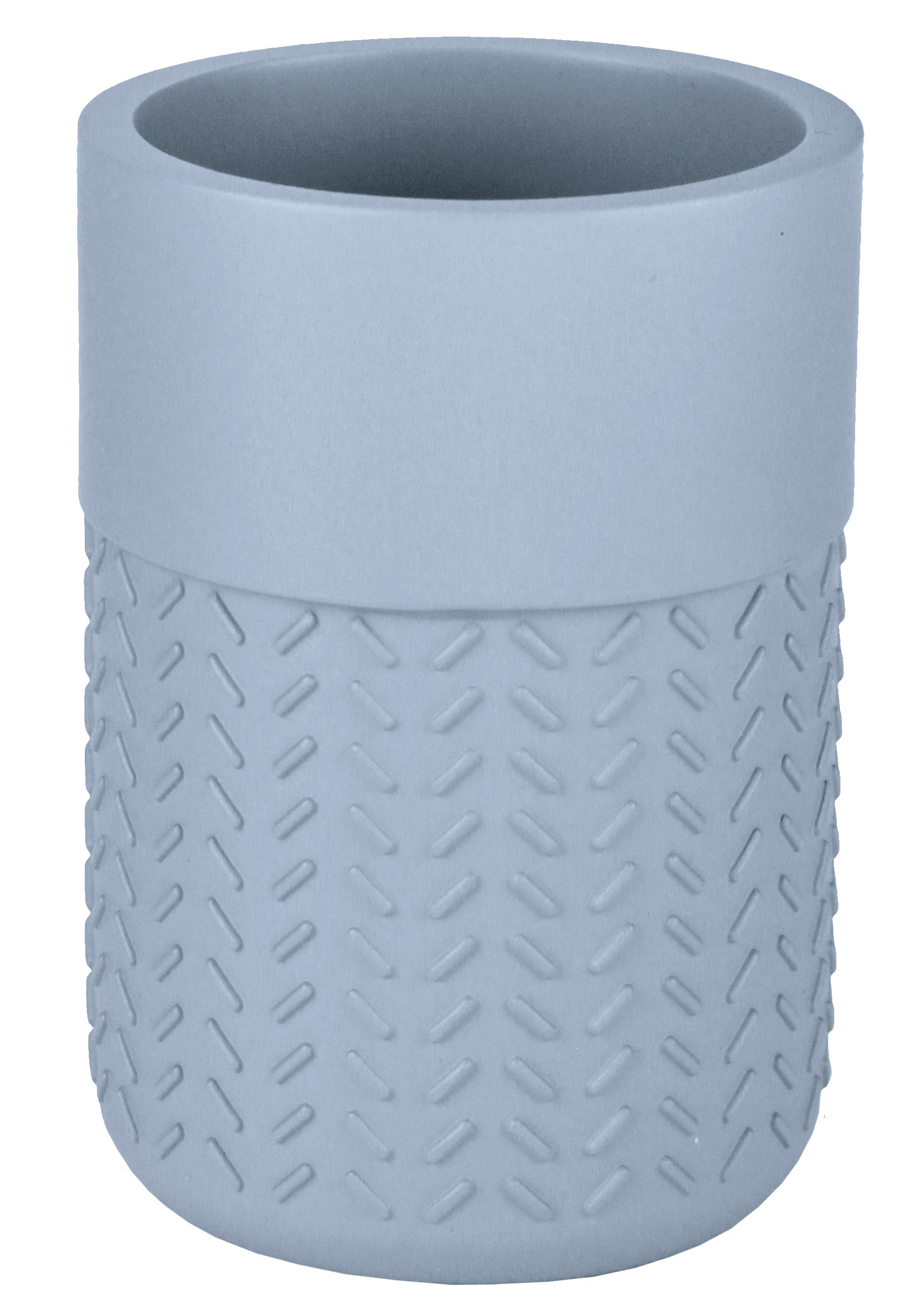 Der Zahnputzbecher DASH Iceblue mit strukturierter Oberfläche steht aufrecht im Bild.