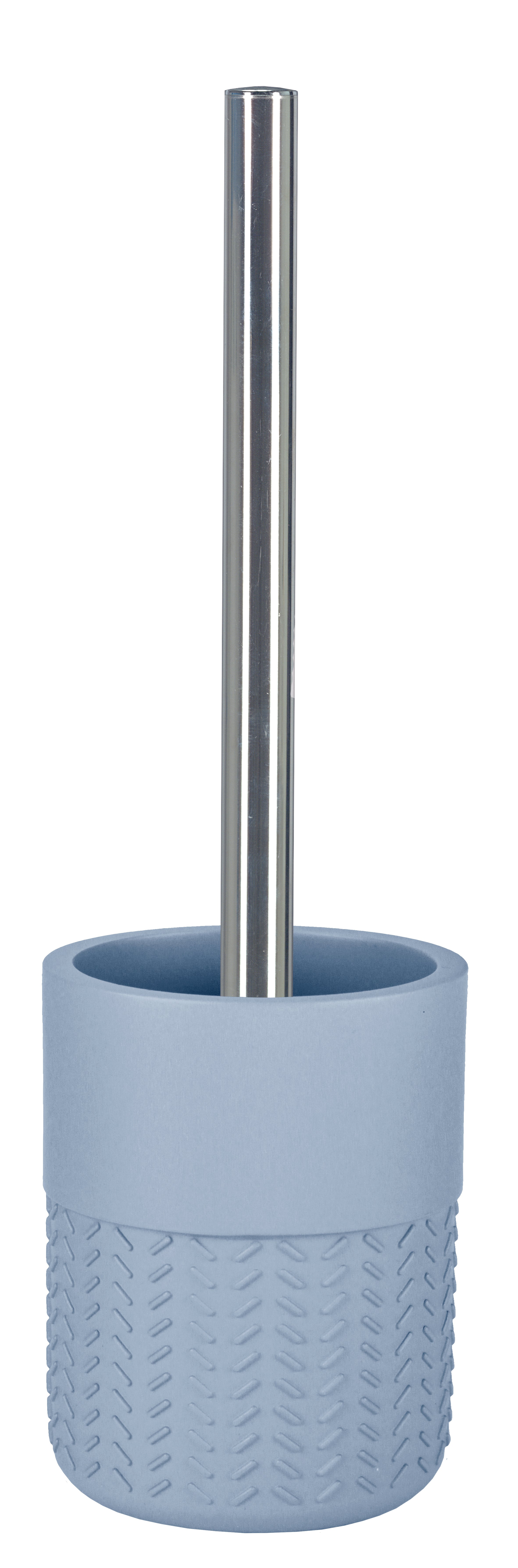 Hellblauer WC-Bürstenhalter mit silberfarbenem Stiel, modernem Design