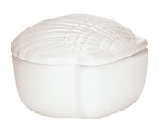 Die Wattedose CONCHA Weiß in Muschelform steht freigestellt vor weißem Hintergrund.