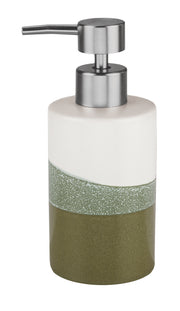 Keramik-Seifenspender in Weiß und Olivgrün mit moderner Edelstahlpumpe