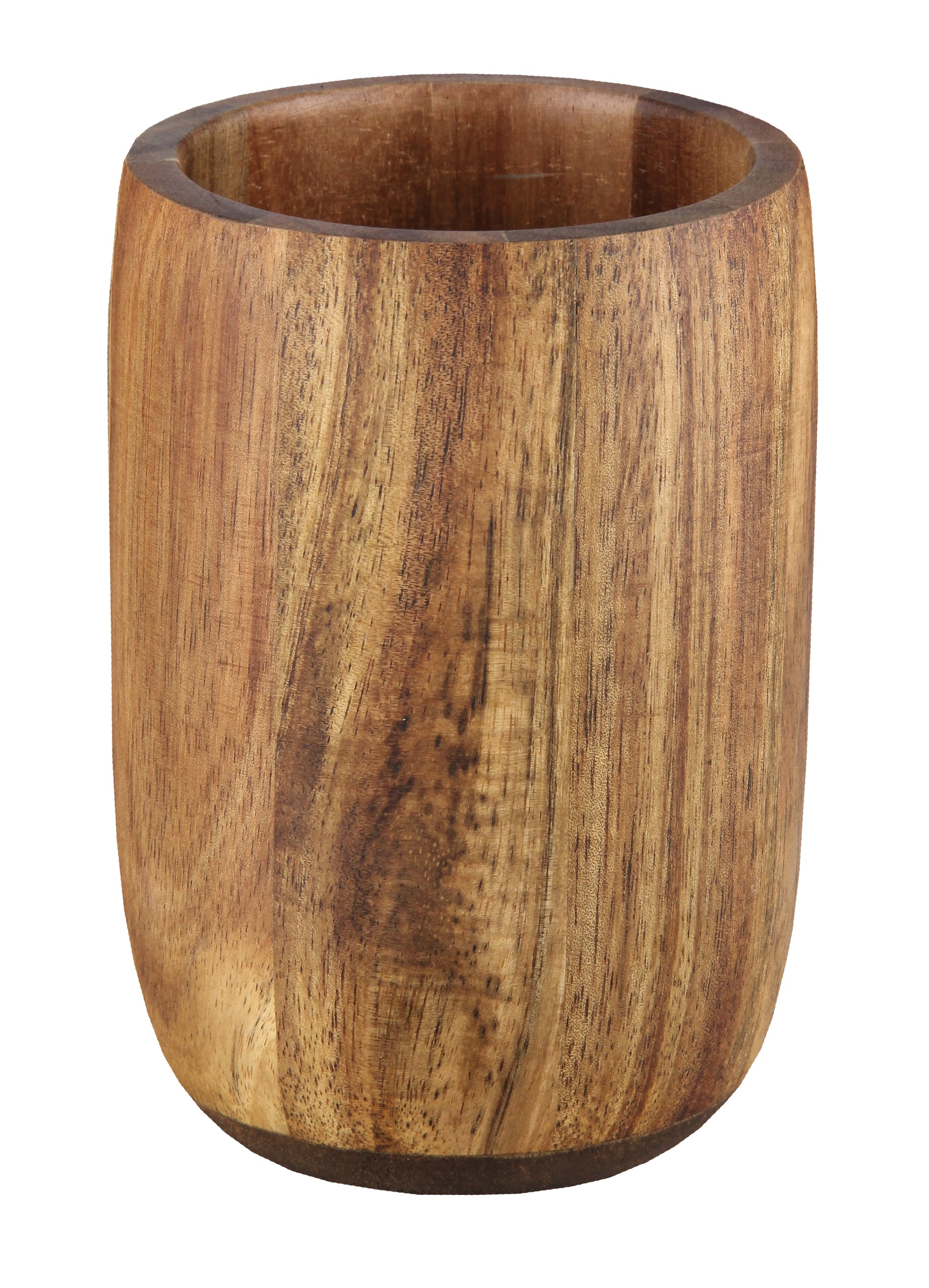 Brauner Zahnputzbecher MADERA aus Holz steht freistehend vor weißem Hintergrund.