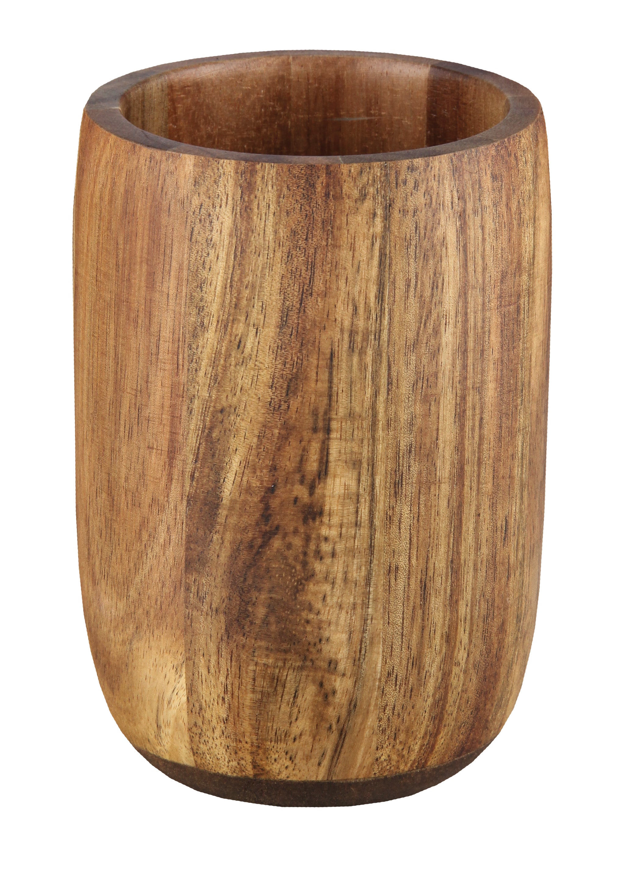 Brauner Zahnputzbecher MADERA aus Holz steht freistehend vor weißem Hintergrund.