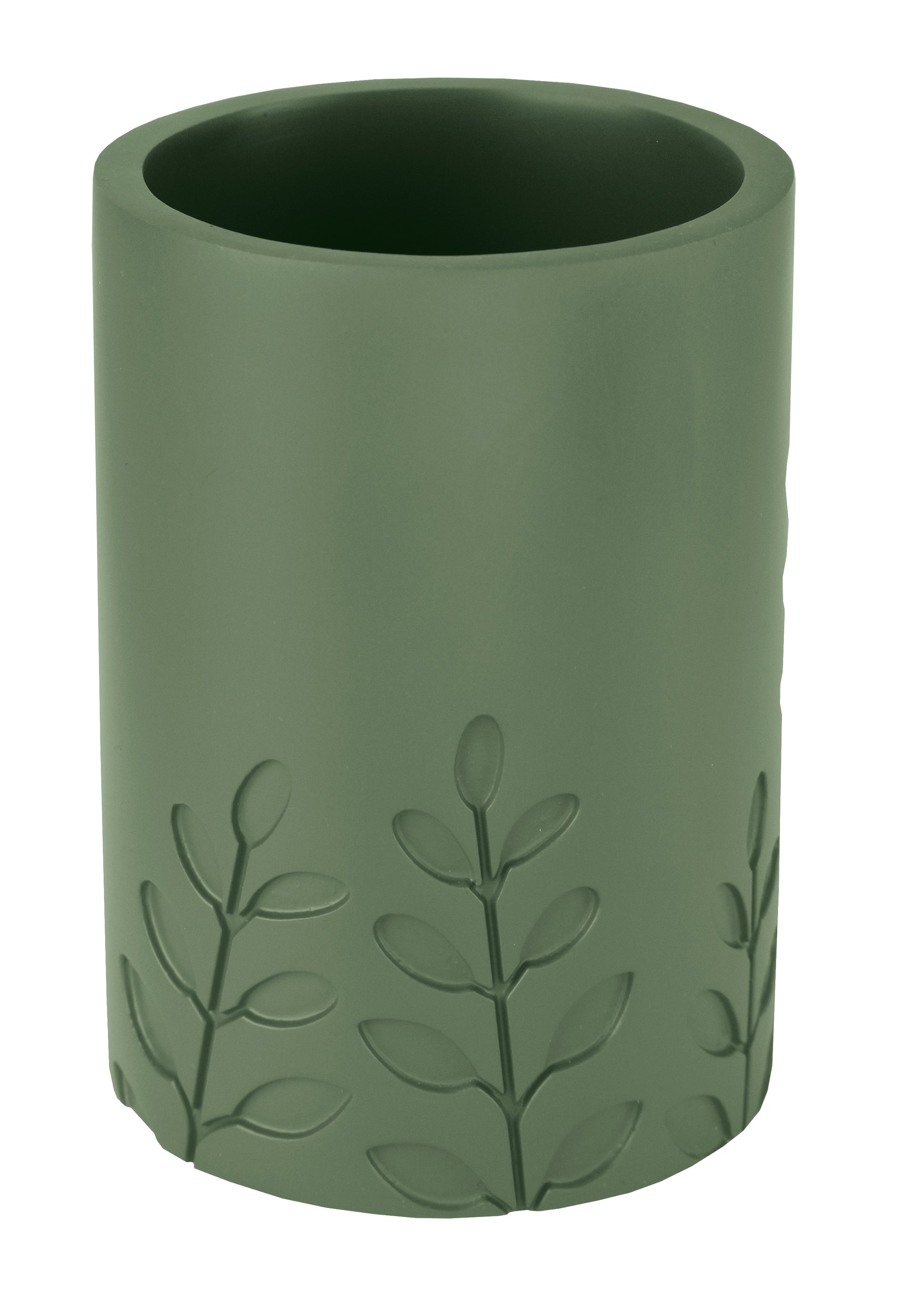 Grüner Zahnputzbecher mit eingeprägtem Blättermotiv aus Kunststoff