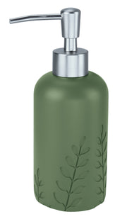 Grüner Seifenspender mit Blätterrelief und silbernem Pumpaufsatz