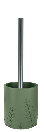 Grüne WC-Bürste mit Edelstahlstiel in Halter mit Blattrelief ringsum