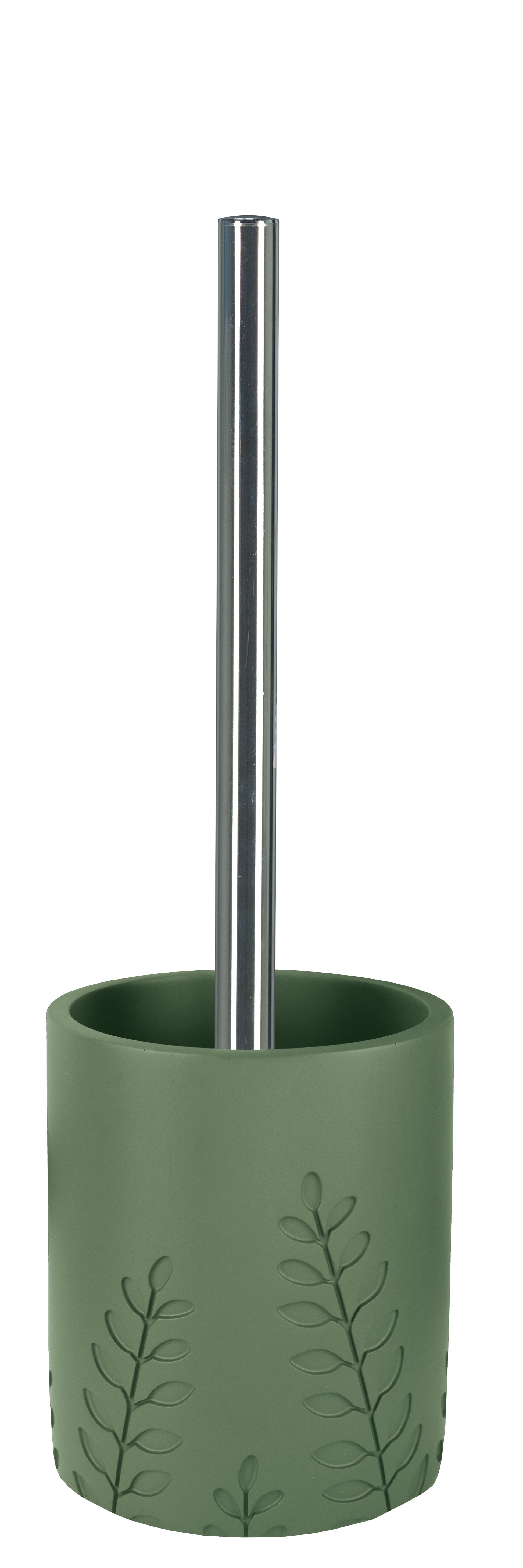Grüne WC-Bürste mit Edelstahlstiel in Halter mit Blattrelief ringsum