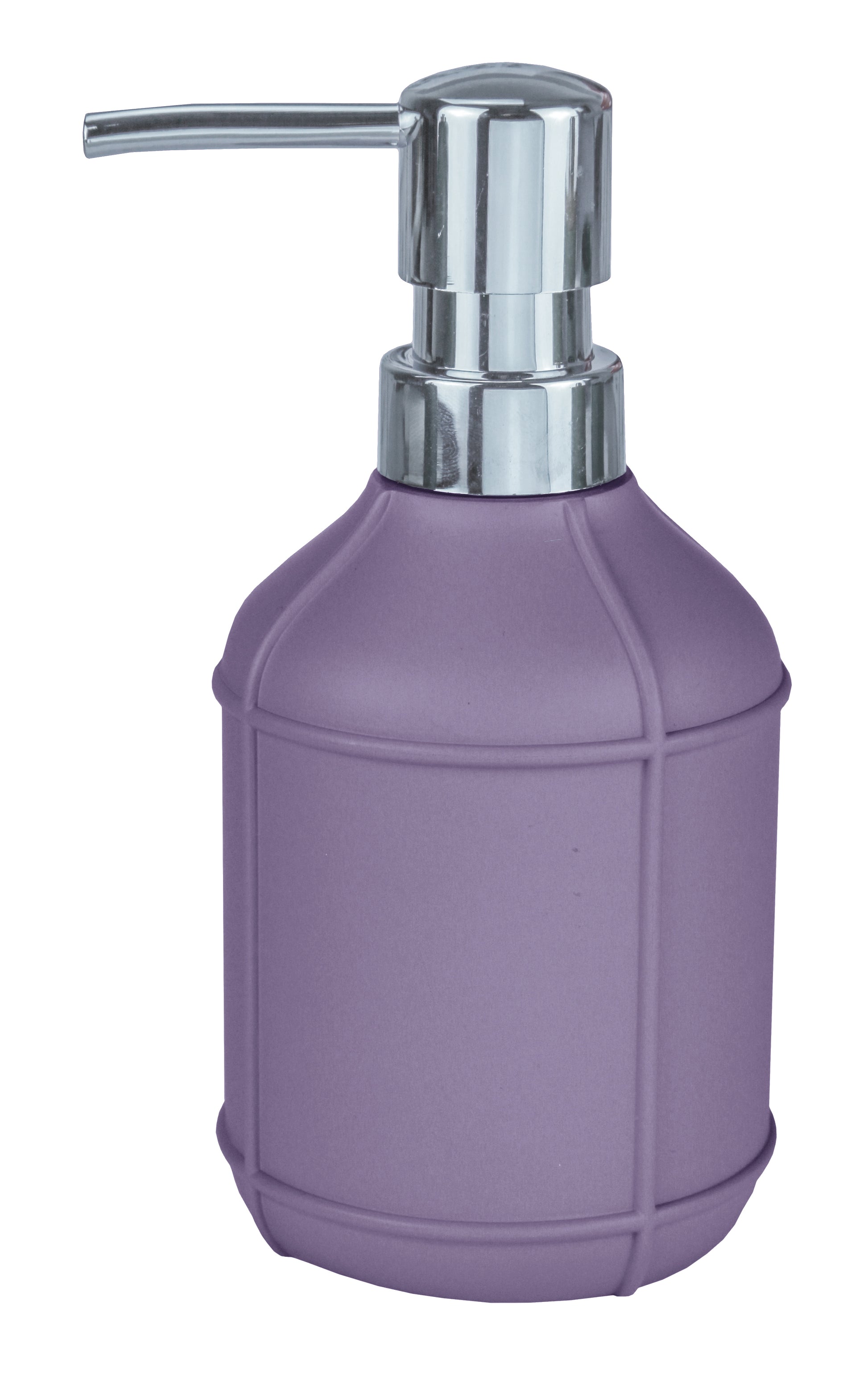 Der Seifenspender ADONA Holunder steht freigestellt mit silbernem Pumpkopf vor weißem Hintergrund.