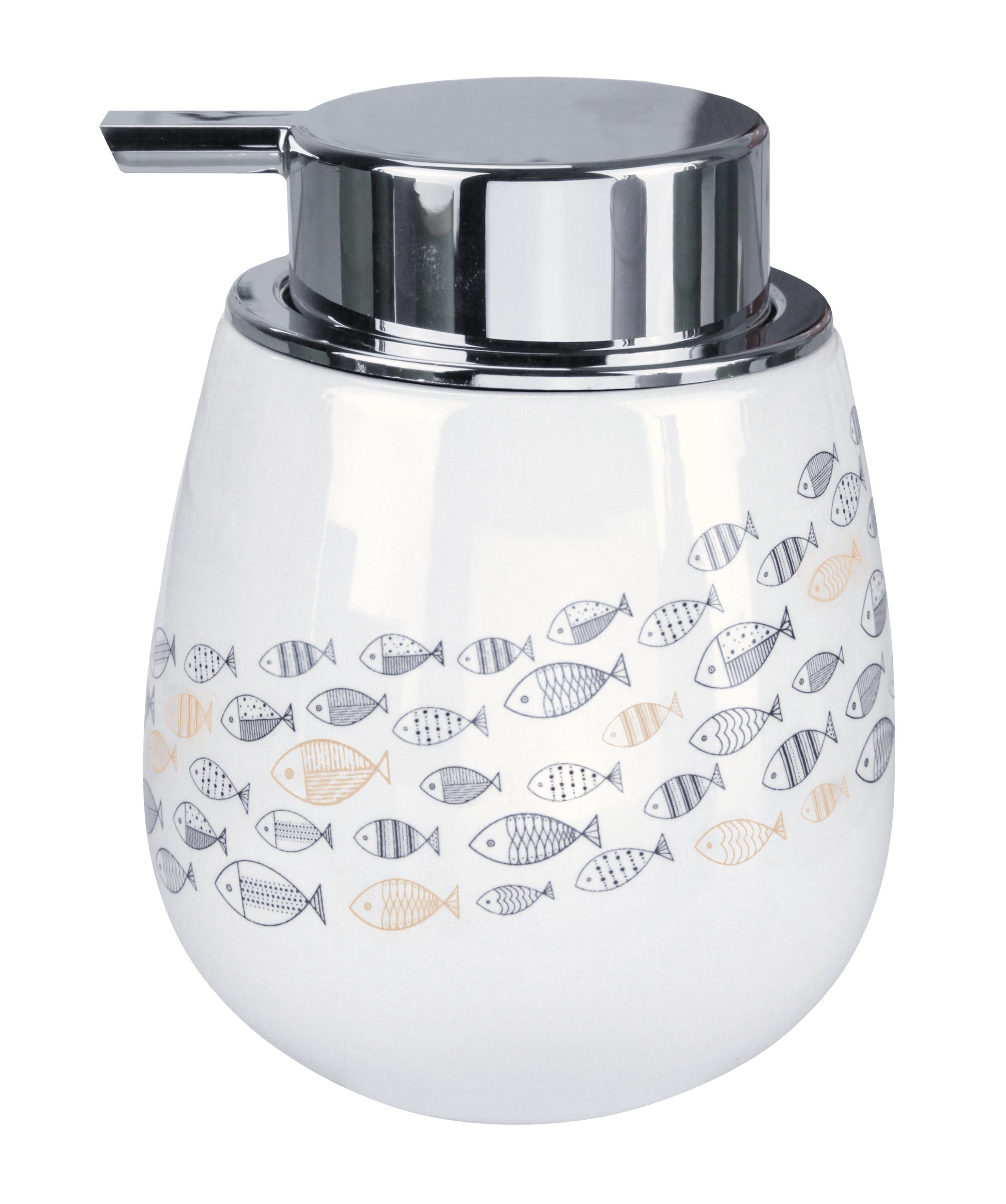 Weißer Seifenspender SARDINAS Mare mit verchromter Pumpe und umlaufendem Fischmuster.