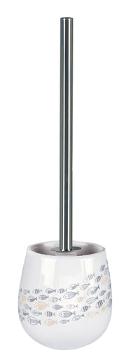 WC-Bürsten-Halter SARDINAS Mare steht mit Chrom-Stiel und Fischdekor auf weißem Grund.