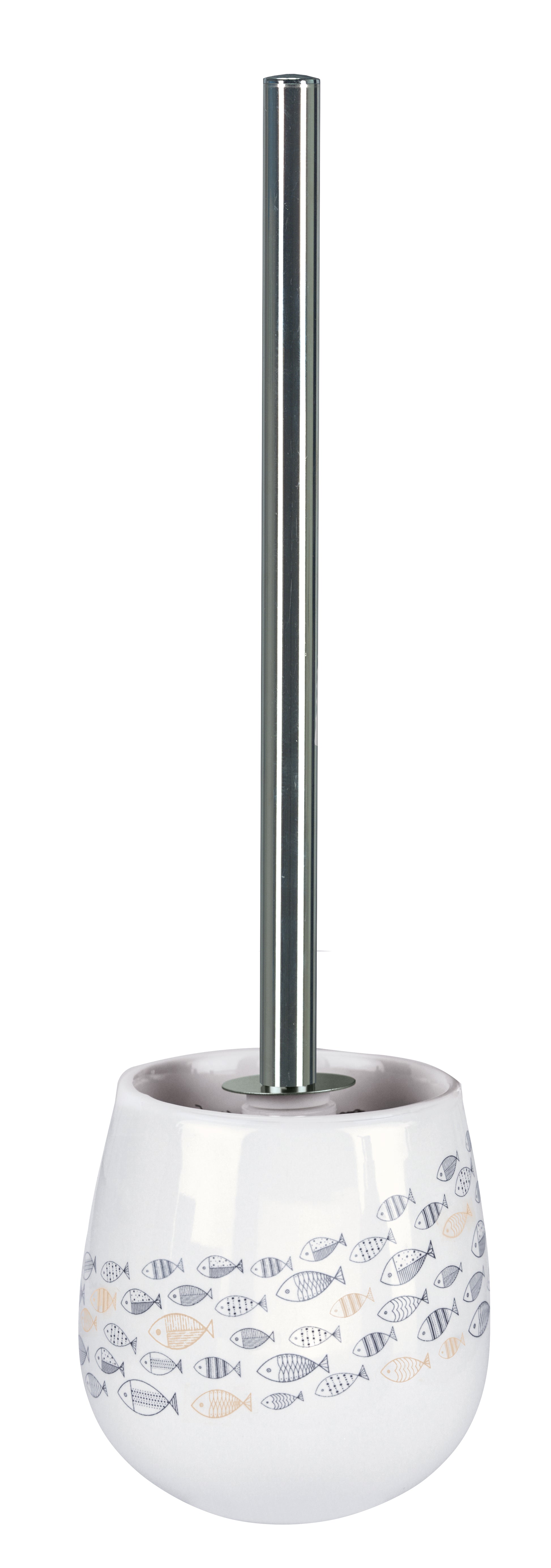 WC-Bürsten-Halter SARDINAS Mare steht mit Chrom-Stiel und Fischdekor auf weißem Grund.