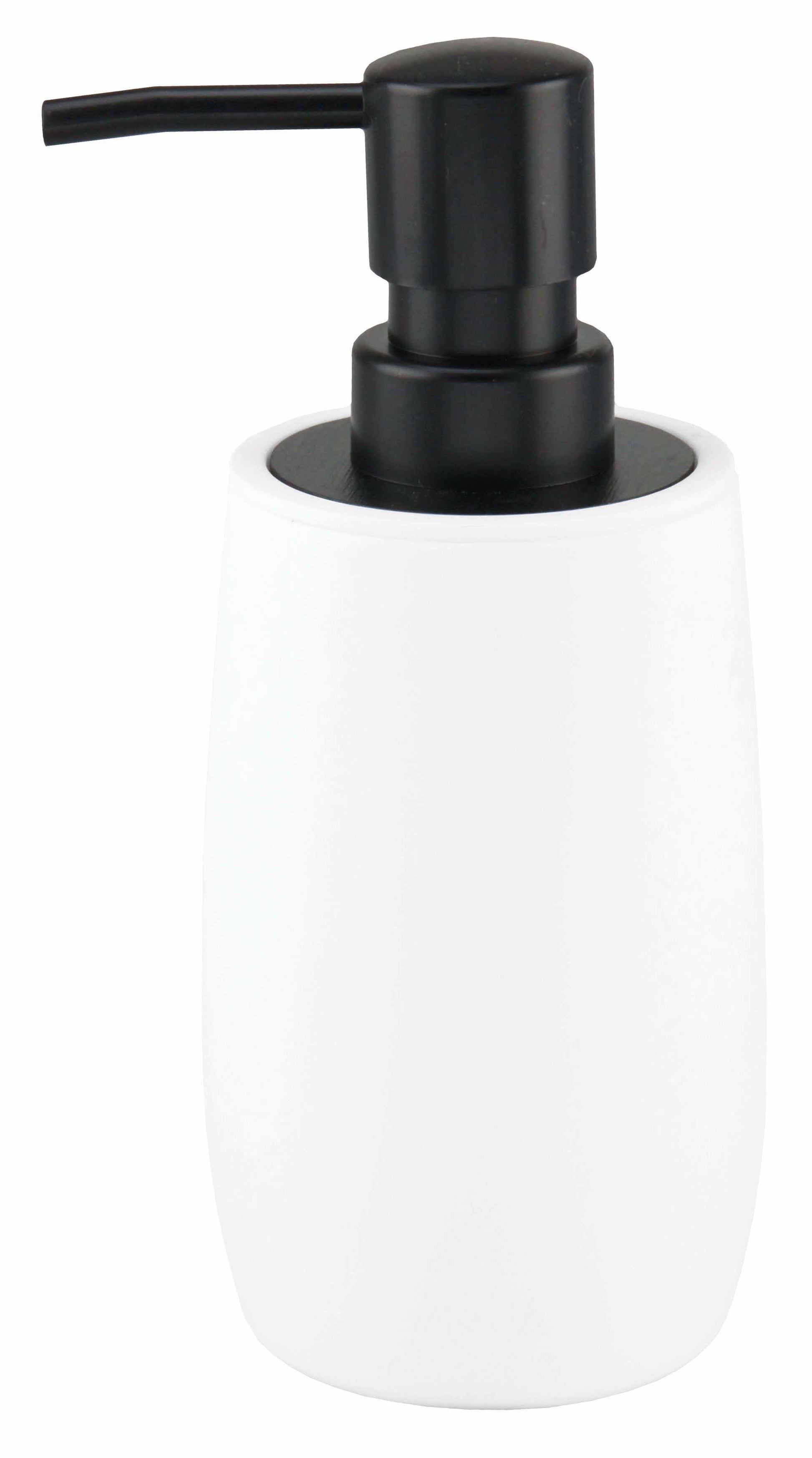 Der Seifenspender DAILY Weiß steht freistehend mit schwarzem Pumpkopf im Bild.