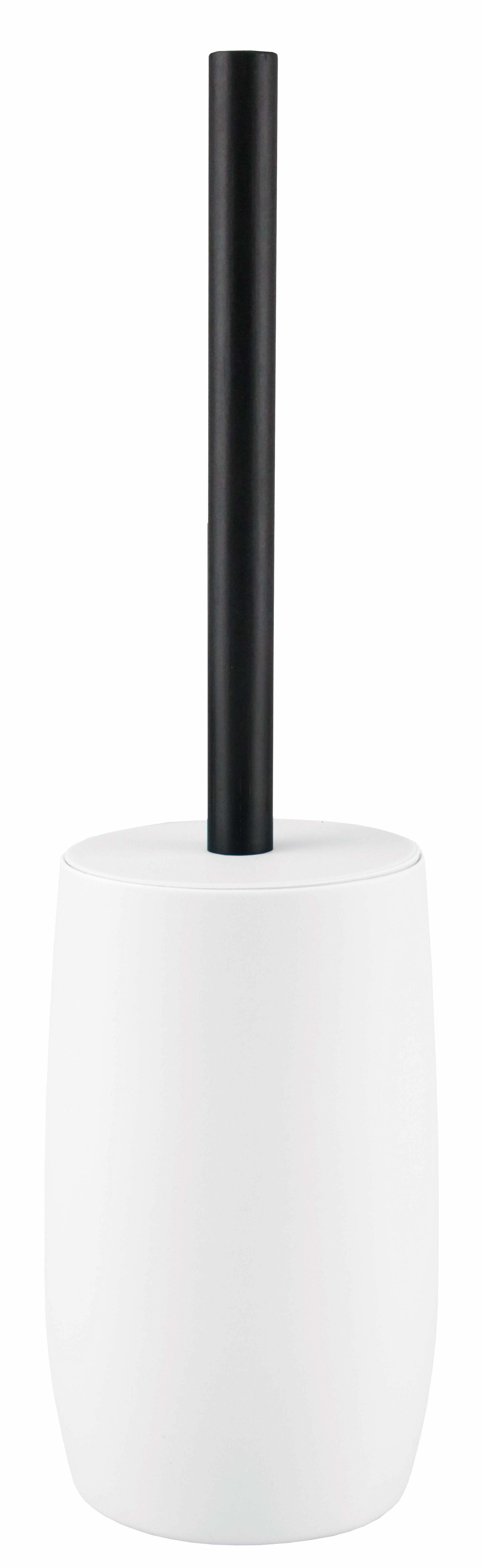 WC-Bürsten-Halter DAILY Weiß steht freigestellt mit schwarzem Bürstengriff vor weißem Hintergrund.