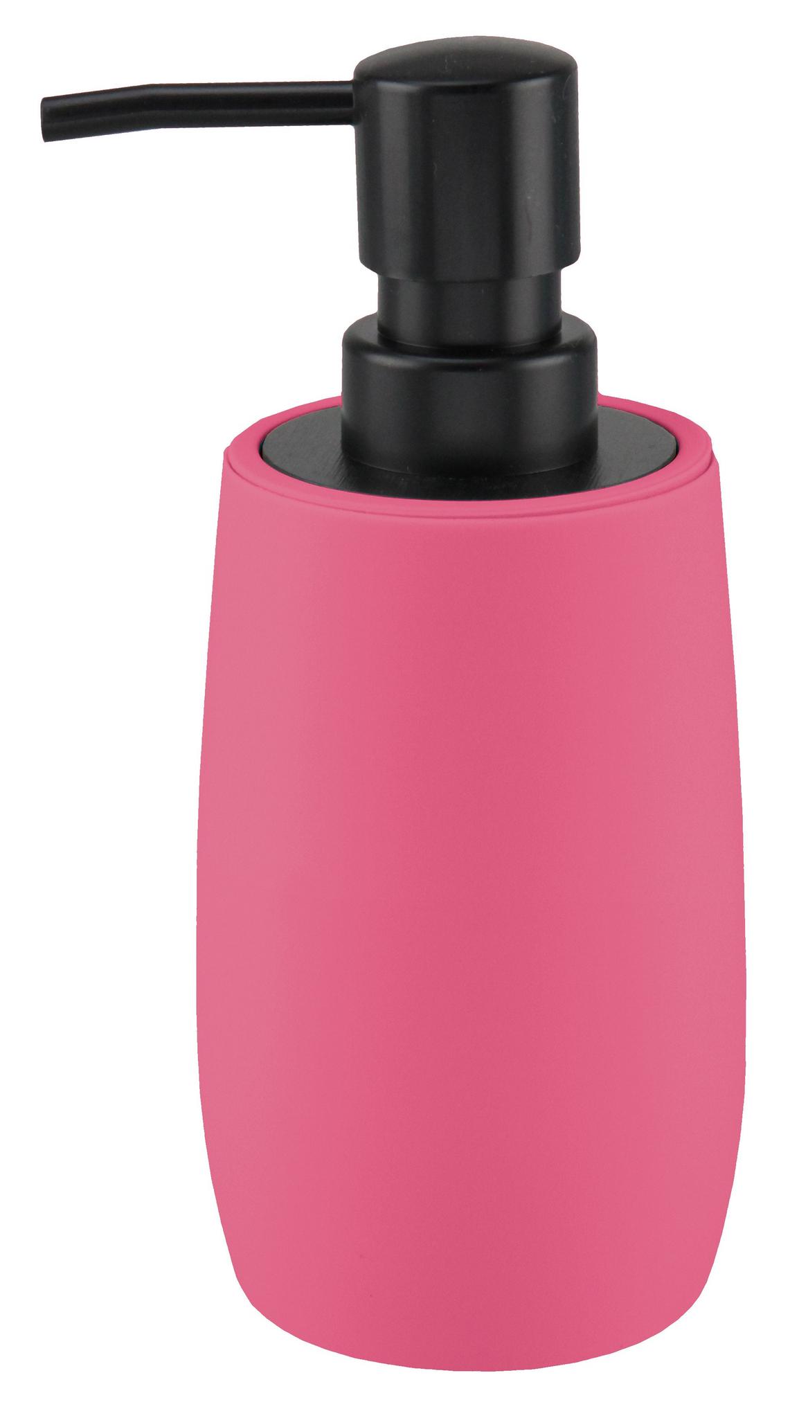 Pinkfarbener Seifenspender mit schwarzem Pumpkopf aus Kunststoff