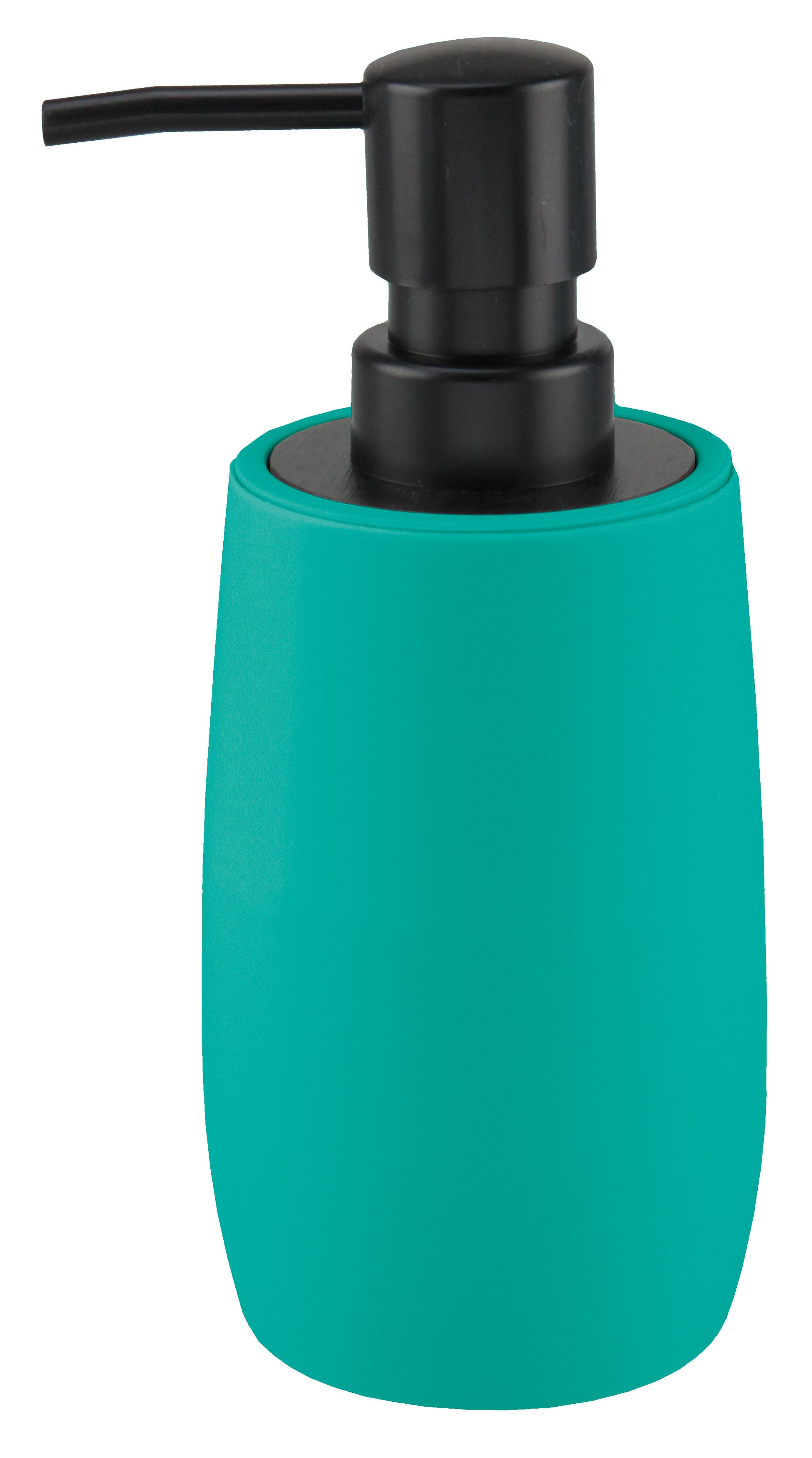 Türkiser Seifenspender DAILY mit schwarzem Pumpkopf steht freigestellt vor weißem Hintergrund.
