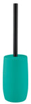 Türkise WC-Bürste mit schwarzem Griff in modernem rundem Behälter