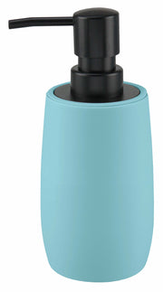 Seifenspender DAILY Mauritius mit schwarzer Pumpe und türkisfarbenem Korpus steht aufrecht.
