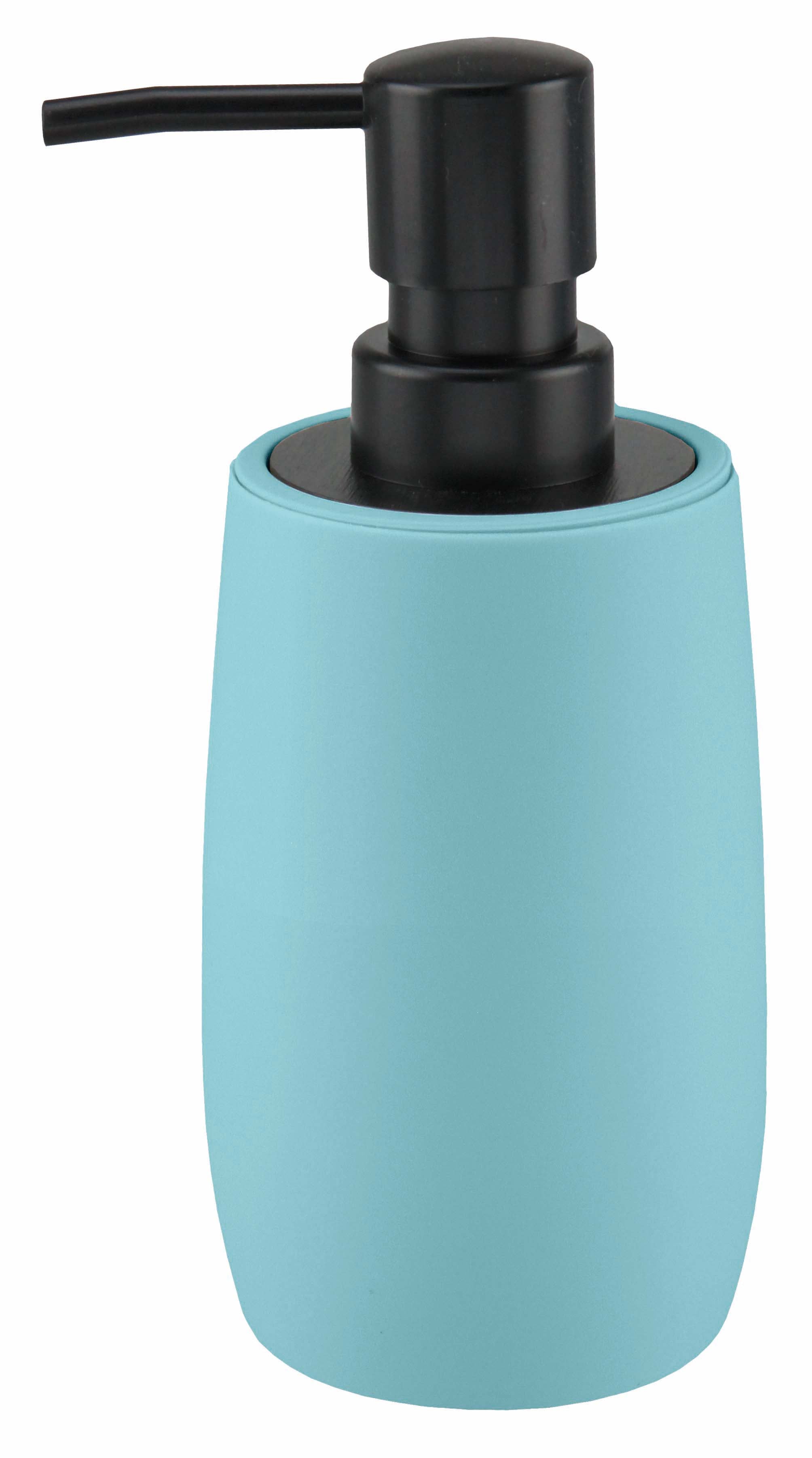 Seifenspender DAILY Mauritius mit schwarzer Pumpe und türkisfarbenem Korpus steht aufrecht.