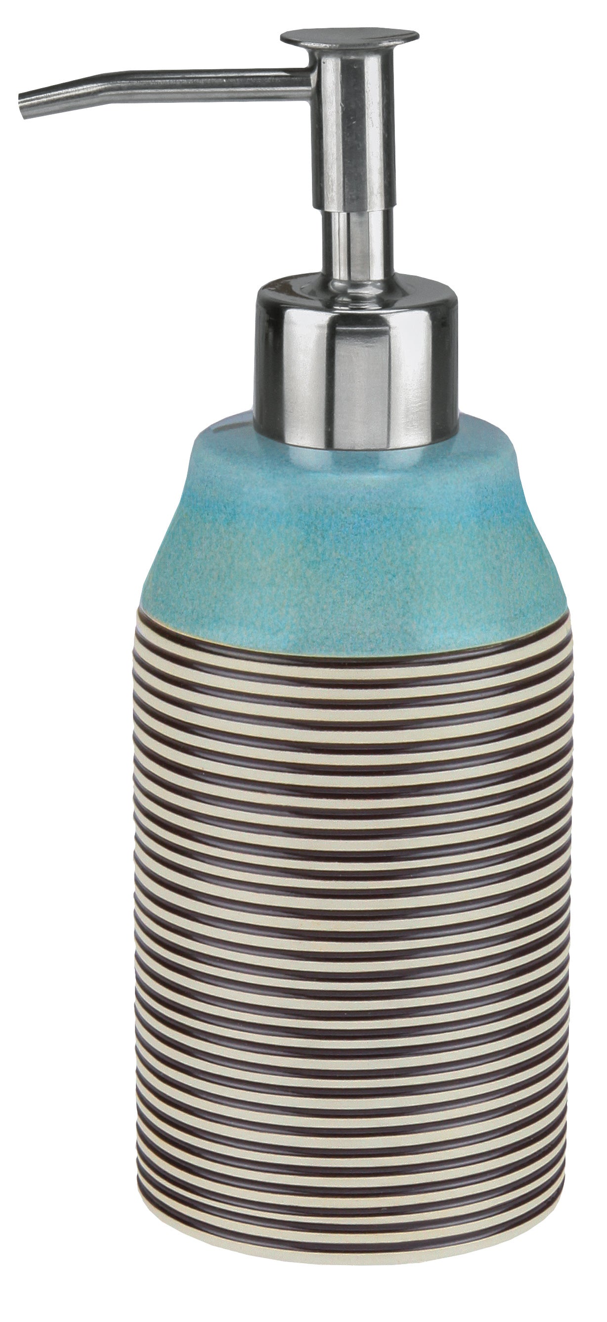 Der Seifenspender OKAPI Mauritius steht freigestellt mit Streifendekor und Metallpumpe im Bild.