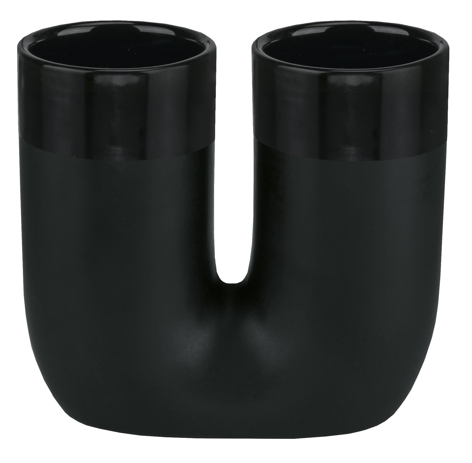 Der Zahnbürstenhalter DEEP Schwarz steht als doppelter Becherhalter frei auf einer Fläche.