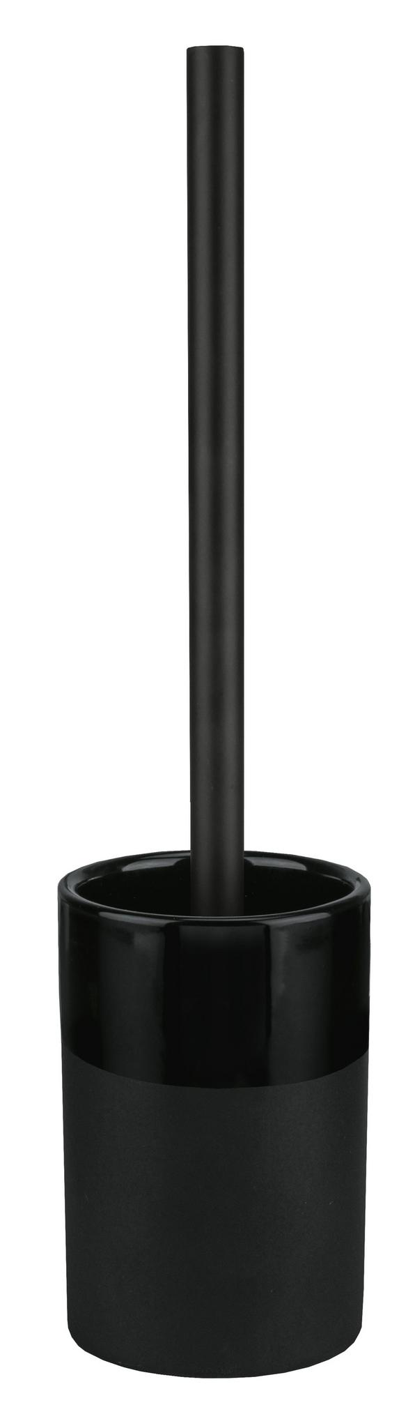 Schwarze WC-Bürste mit zylindischem Halter aus Keramik, frontalansicht