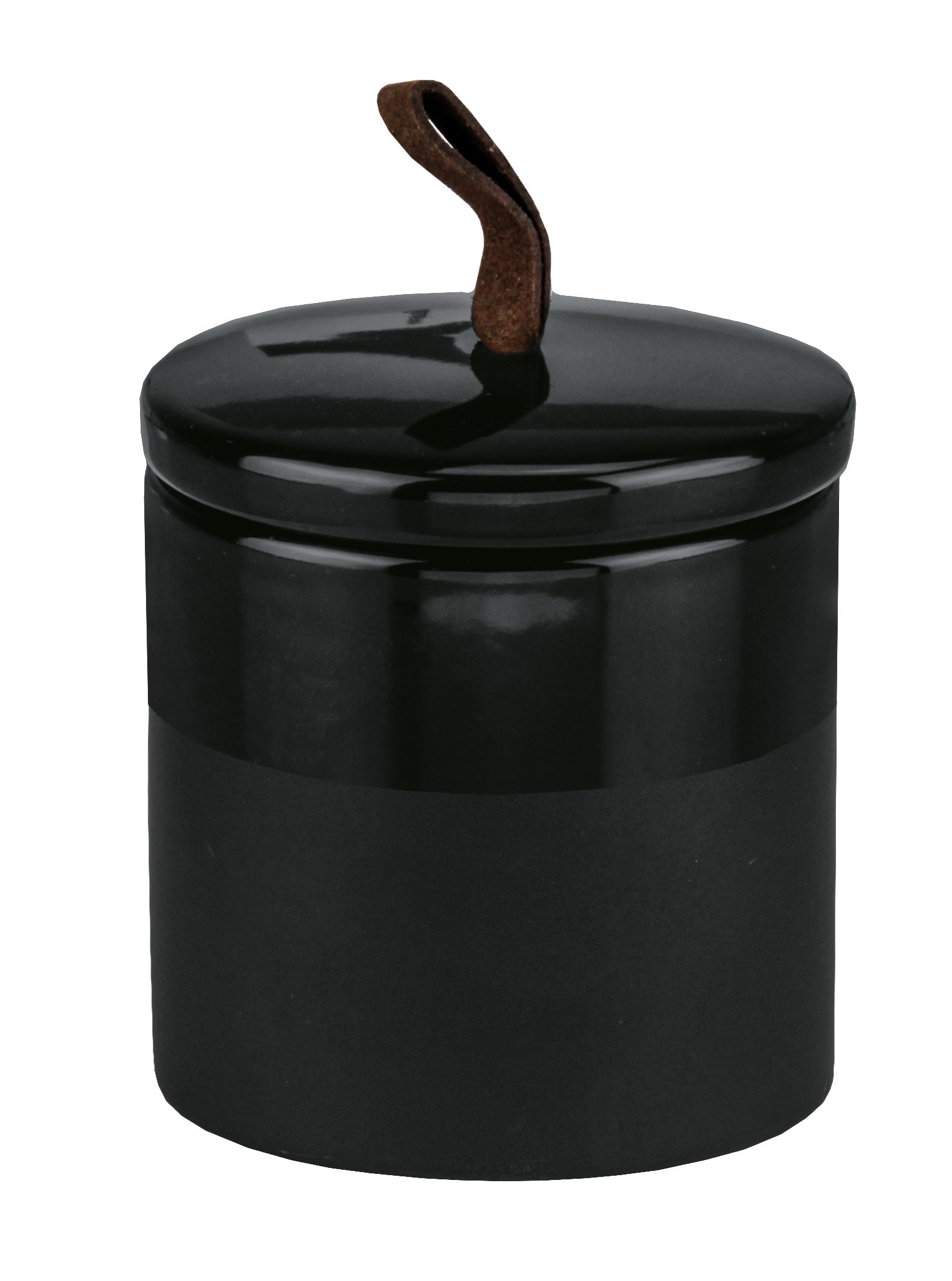 Die Wattedose DEEP Schwarz steht freigestellt mit Deckel und Lederschlaufe.