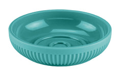 Runde türkisfarbene Seifenschale aus Keramik mit geriffeltem Rand