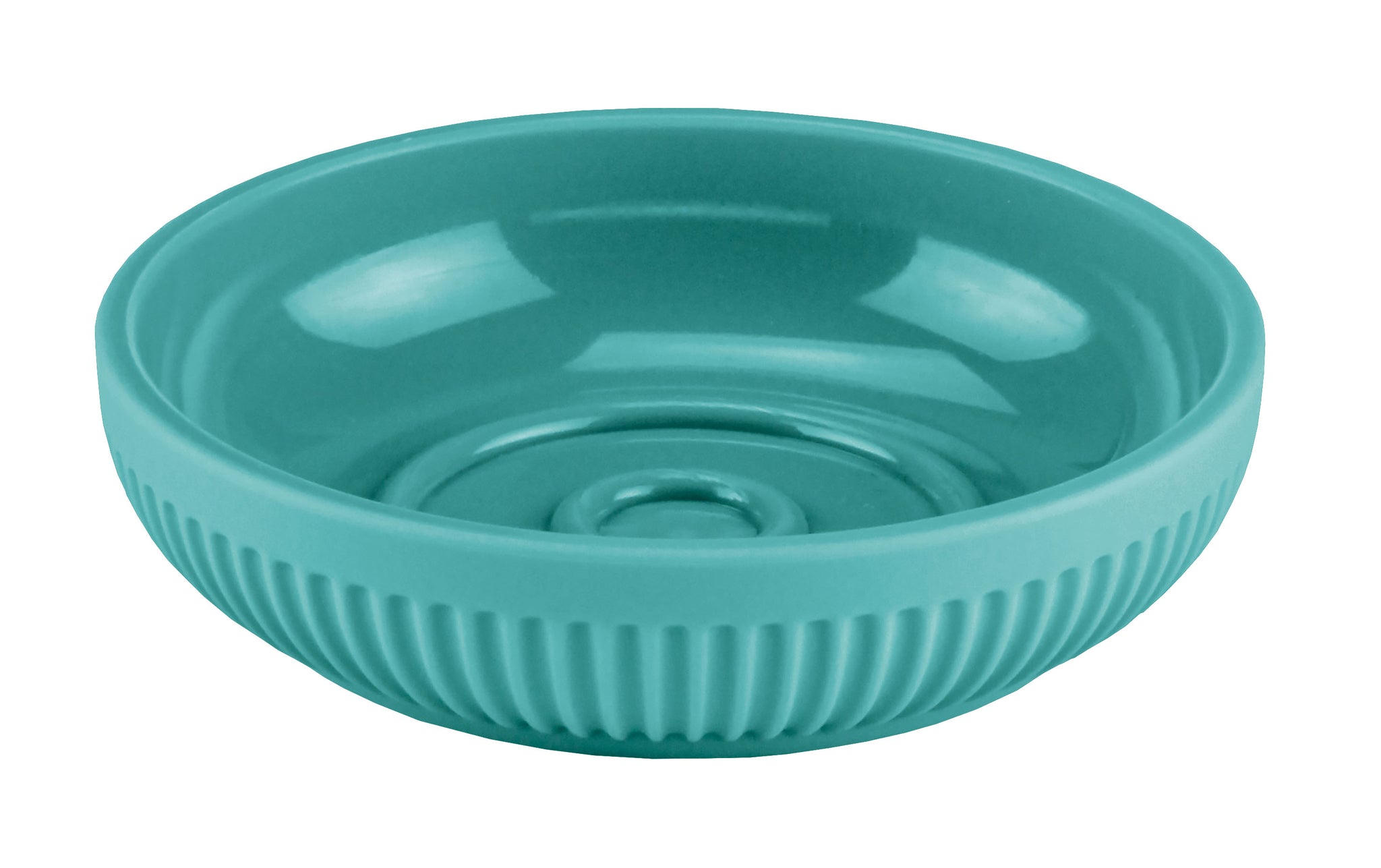 Runde türkisfarbene Seifenschale aus Keramik mit geriffeltem Rand