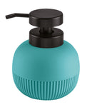 Runder türkisfarbener Seifenspender mit schwarzem Pumpkopf aus Kunststoff