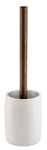 WC-Bürste mit braunem Holzgriff in weißem, runden, modernen Keramikhalter
