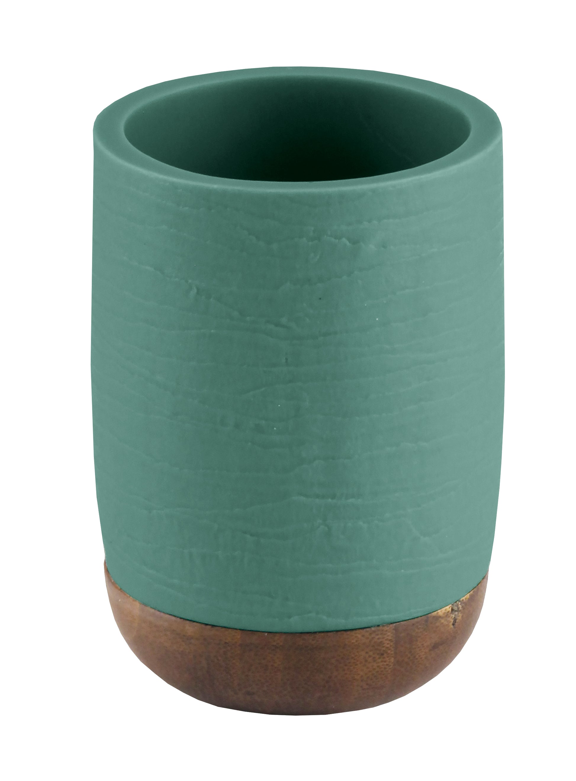Grüner Zahnputzbecher mit Holzfuß in zylindrischer Form unten aus Holz