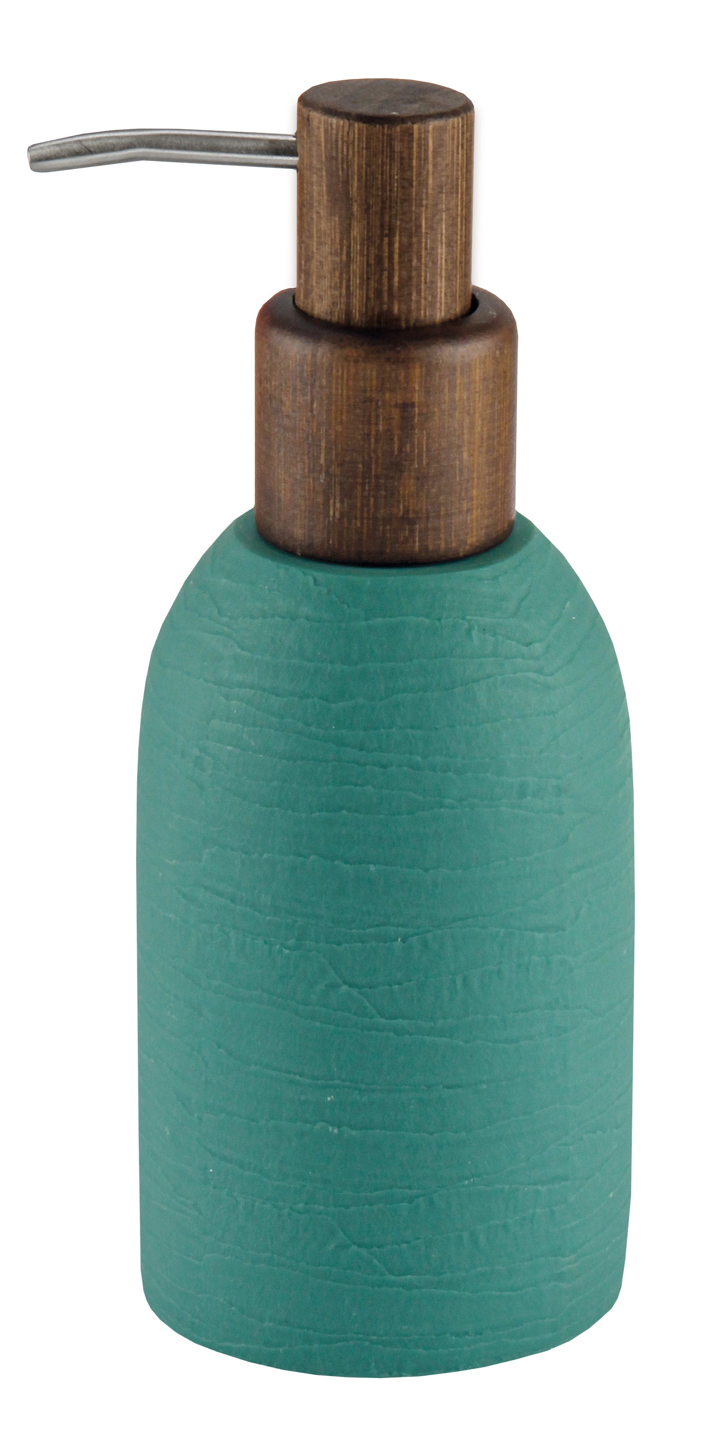 Türkiser Seifenspender mit Holzpumpe und Metallauslauf in Nahaufnahme