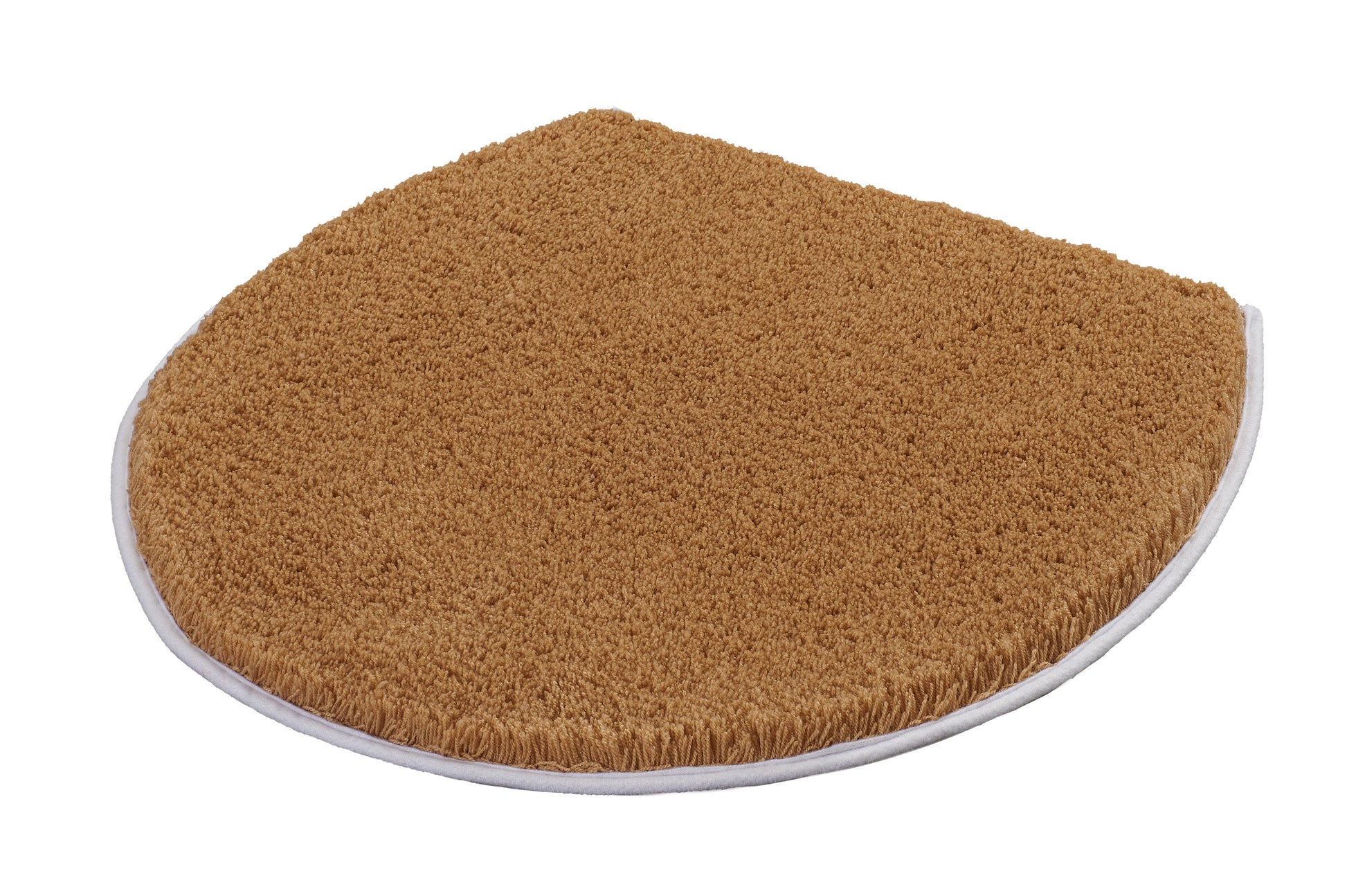 Halbrunde, braune Badematte aus Hochflor mit weißer Umrandung unten