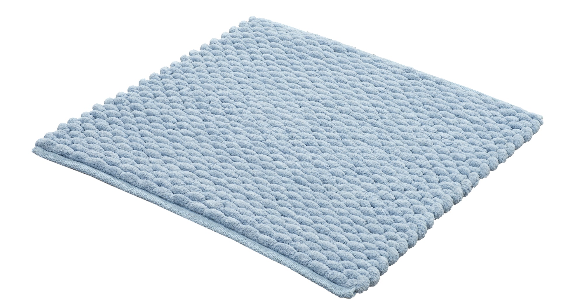 Hellblaue rechteckige Badematte mit dichter, noppiger Oberfläche aus Stoff