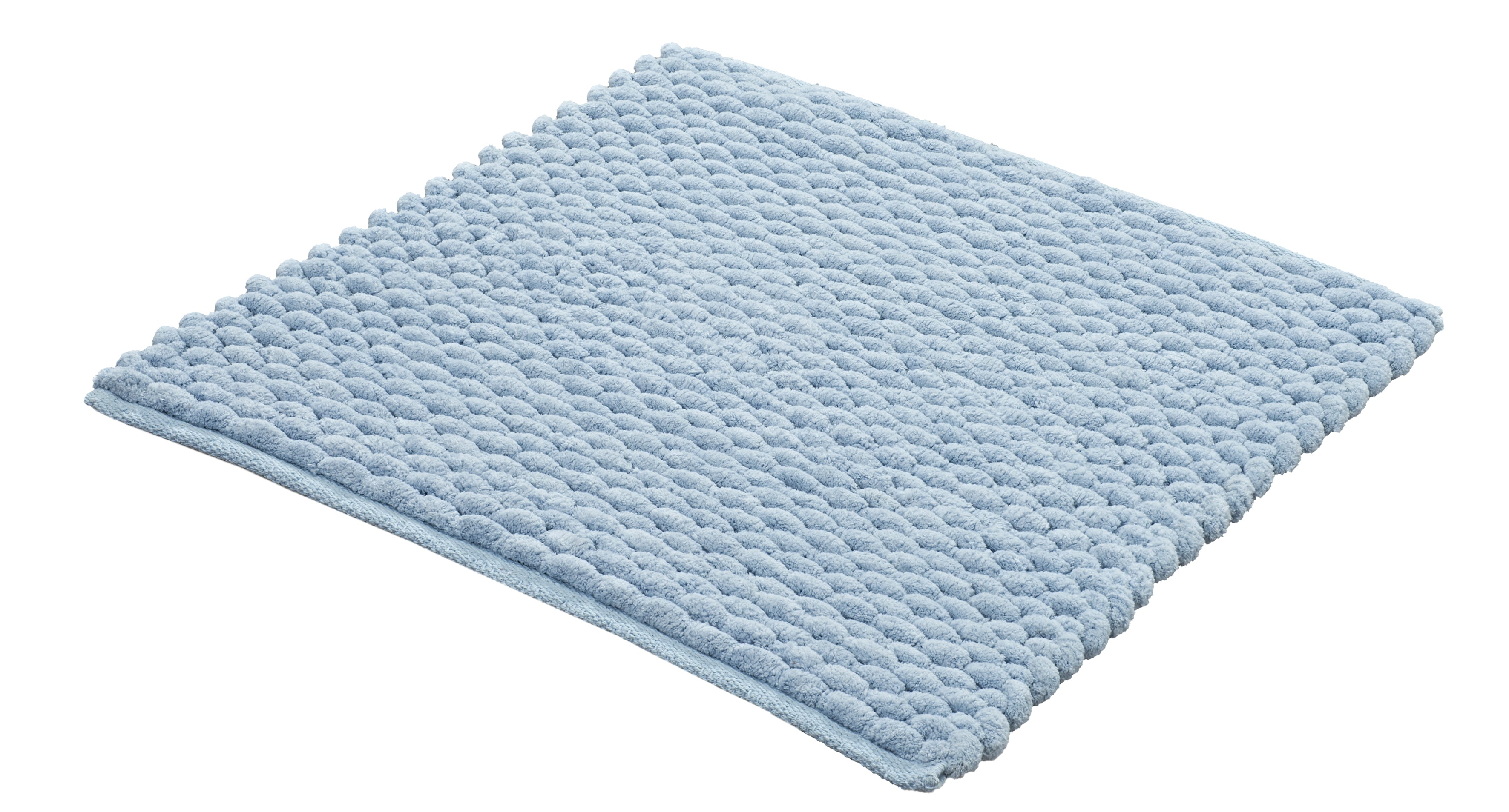Hellblaue rechteckige Badematte mit dichter, noppiger Oberfläche aus Stoff