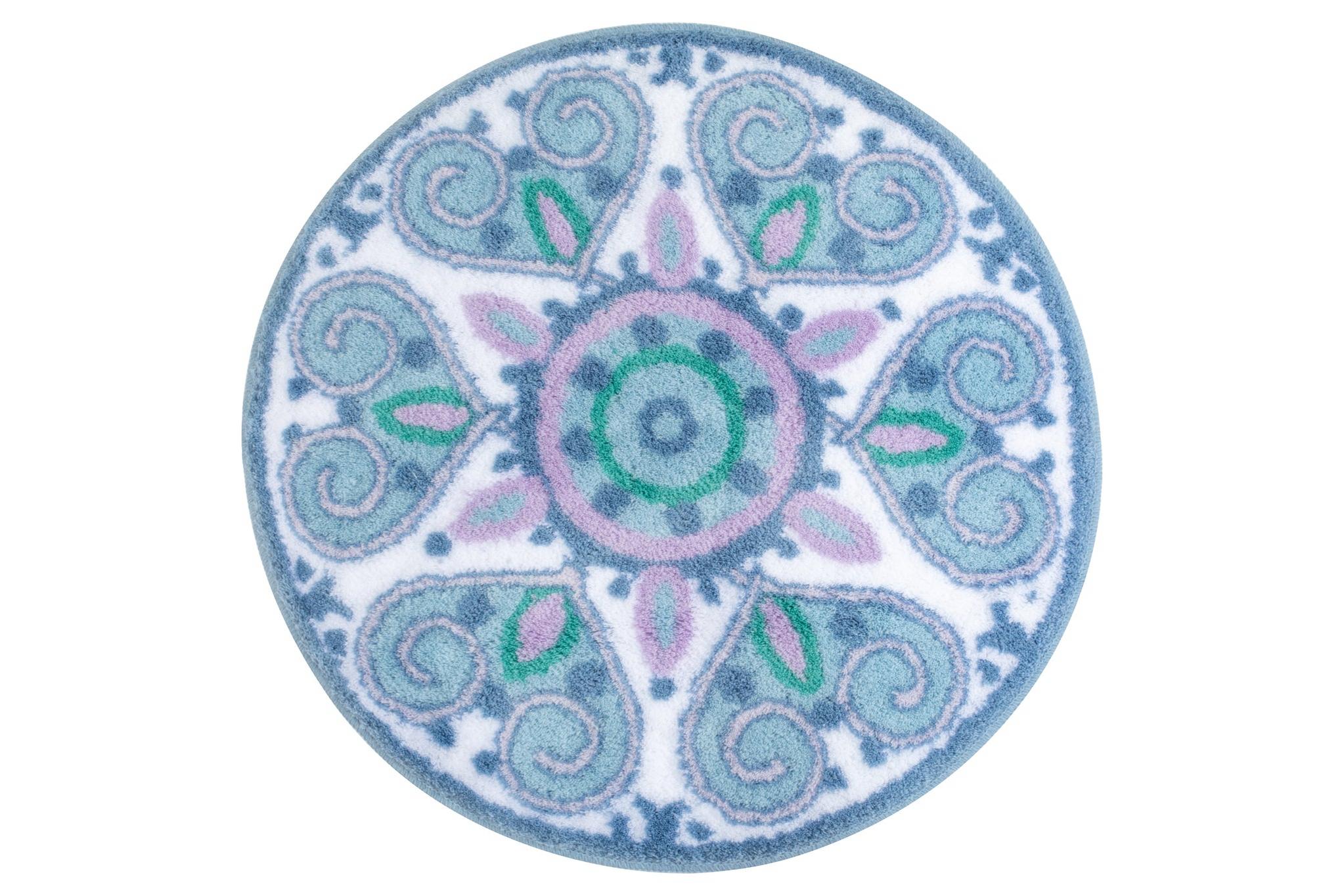 Runder Badteppich mit blau-grünem und rosa Ornamentmuster im Mandala-Stil